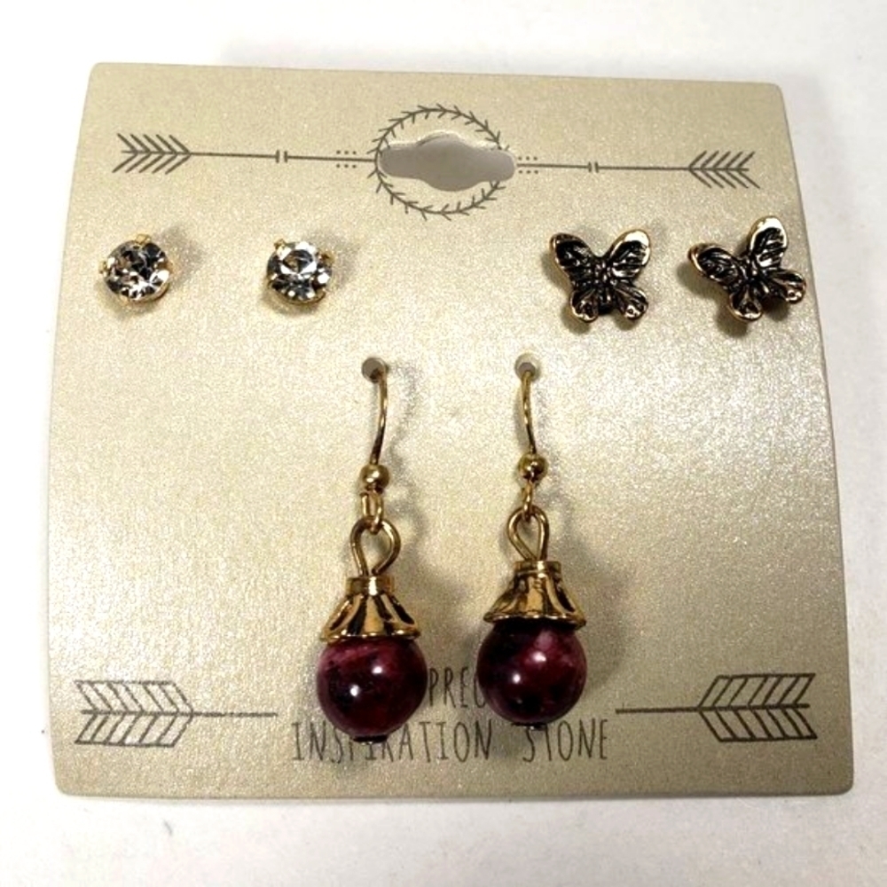 Set of 3 Gold-tone Crystal, Butterfly Studs Earrings & Purple Teardrop Earrings